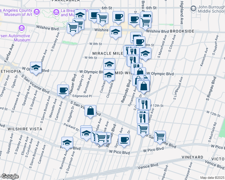 map of restaurants, bars, coffee shops, grocery stores, and more near 1104 South Cloverdale Avenue in Los Angeles