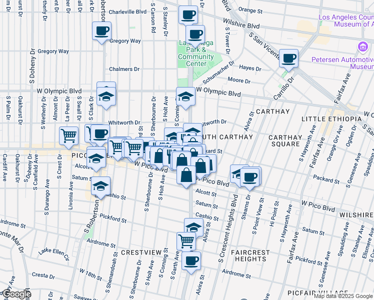 map of restaurants, bars, coffee shops, grocery stores, and more near 1240 South Corning Street in Los Angeles