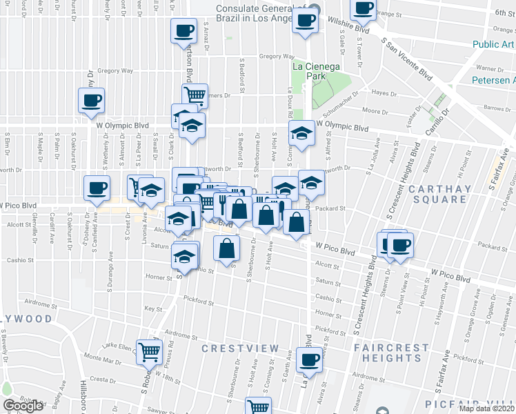 map of restaurants, bars, coffee shops, grocery stores, and more near 8647 West Pico Boulevard in Los Angeles