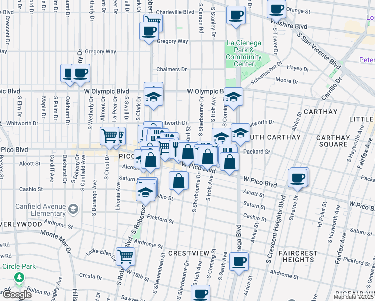 map of restaurants, bars, coffee shops, grocery stores, and more near 8647 West Pico Boulevard in Los Angeles