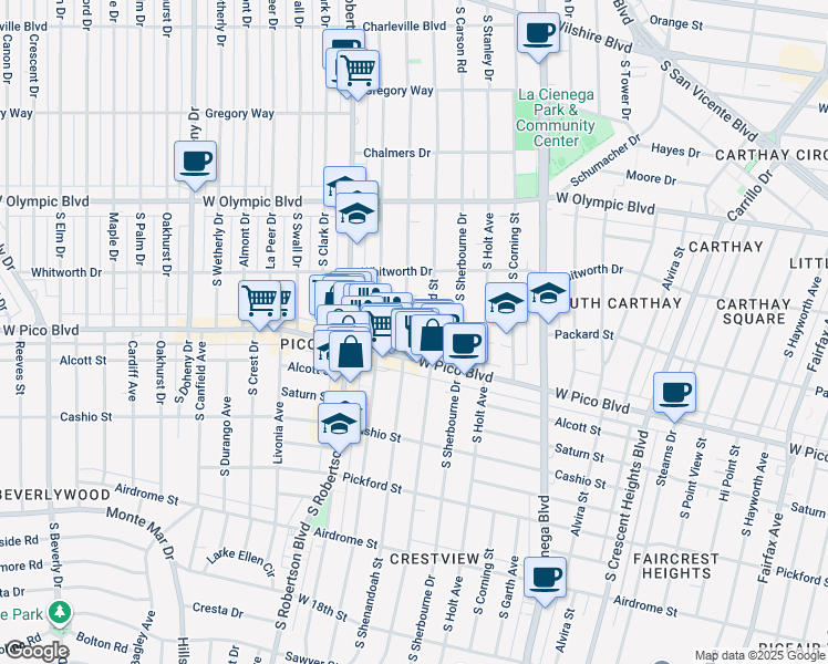 map of restaurants, bars, coffee shops, grocery stores, and more near 8687 West Pico Boulevard in Los Angeles