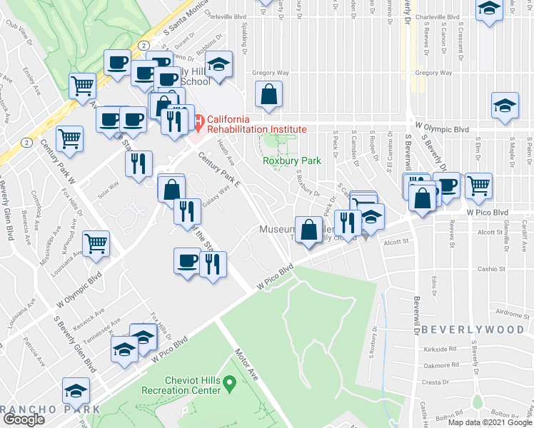 map of restaurants, bars, coffee shops, grocery stores, and more near 513 Hillgreen Drive in Beverly Hills