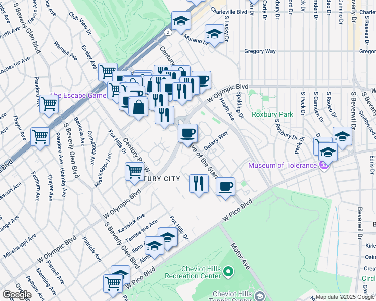 map of restaurants, bars, coffee shops, grocery stores, and more near 10299 West Galaxy Way in Los Angeles