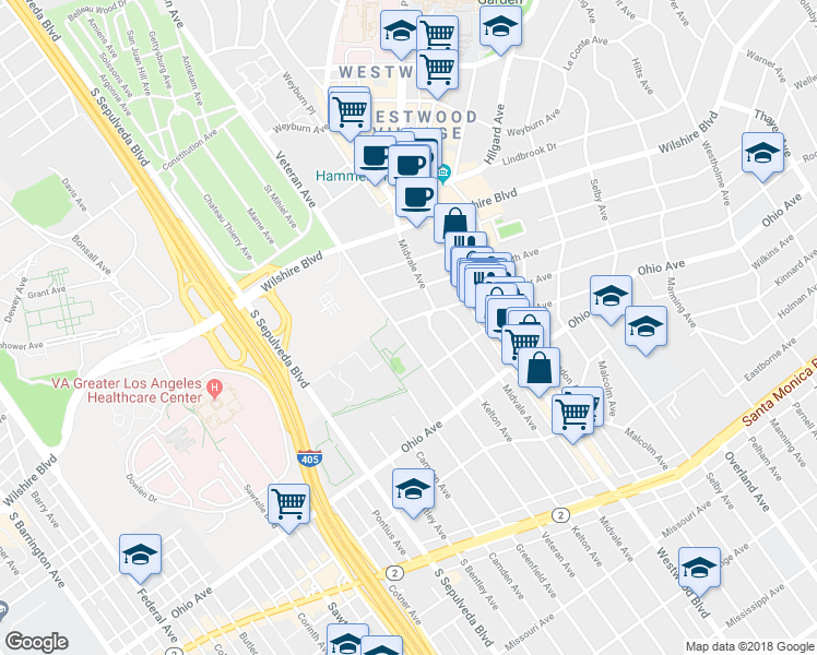 map of restaurants, bars, coffee shops, grocery stores, and more near 1378 Veteran Avenue in Los Angeles
