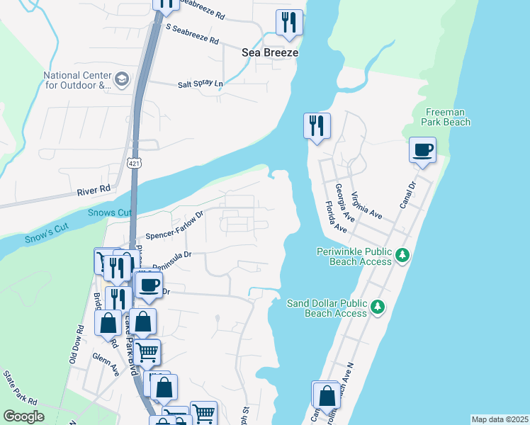 map of restaurants, bars, coffee shops, grocery stores, and more near 118 Green Turtle Lane in Carolina Beach