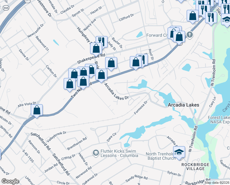 map of restaurants, bars, coffee shops, grocery stores, and more near 18 Ward Court in Columbia