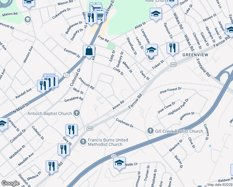 map of restaurants, bars, coffee shops, grocery stores, and more near 1726 Ethel Street in Columbia