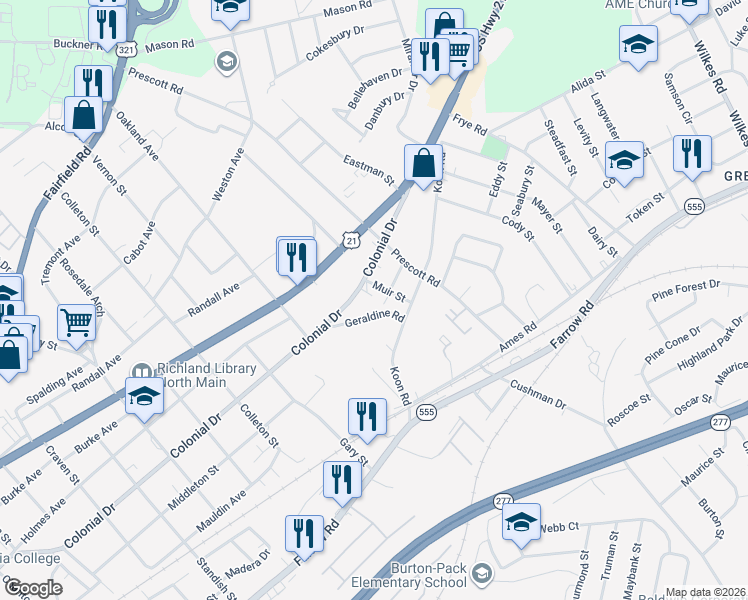 map of restaurants, bars, coffee shops, grocery stores, and more near 1450 Geraldine Road in Columbia