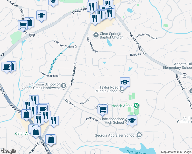 map of restaurants, bars, coffee shops, grocery stores, and more near 120 Pine Bridge Trail in Alpharetta