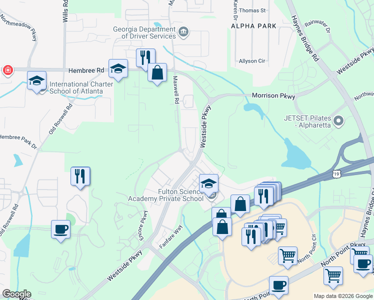 map of restaurants, bars, coffee shops, grocery stores, and more near 11396 Musette Circle in Alpharetta