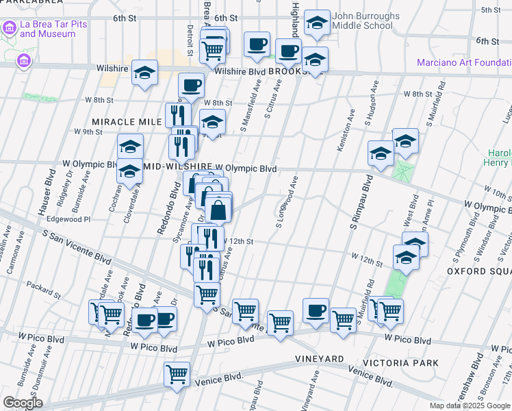 map of restaurants, bars, coffee shops, grocery stores, and more near 1115 South Highland Avenue in Los Angeles