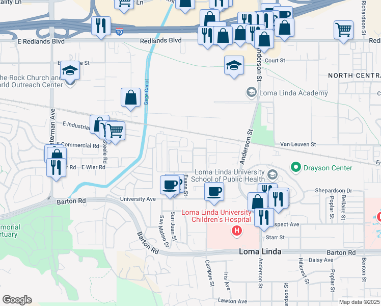 map of restaurants, bars, coffee shops, grocery stores, and more near 10914 Evans Street in Loma Linda