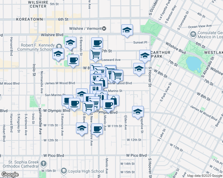 map of restaurants, bars, coffee shops, grocery stores, and more near 2821 San Marino Street in Los Angeles