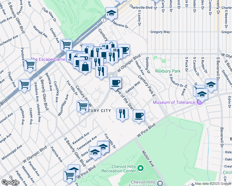 map of restaurants, bars, coffee shops, grocery stores, and more near 2121 Avenue of the Stars in Los Angeles