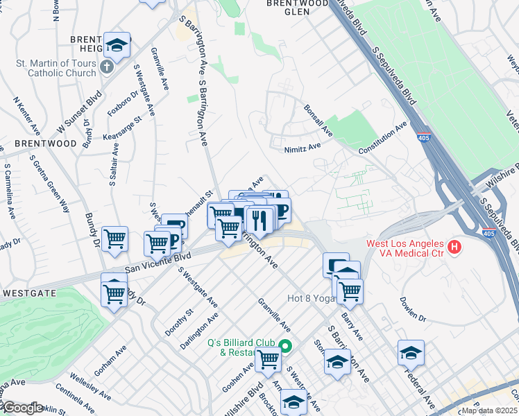 map of restaurants, bars, coffee shops, grocery stores, and more near 11645 Gorham Avenue in Los Angeles