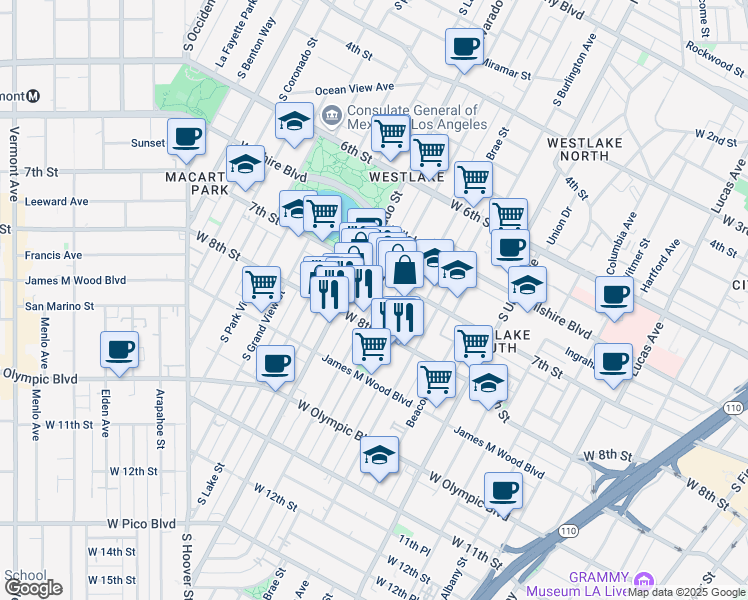 map of restaurants, bars, coffee shops, grocery stores, and more near 718 South Alvarado Street in Los Angeles