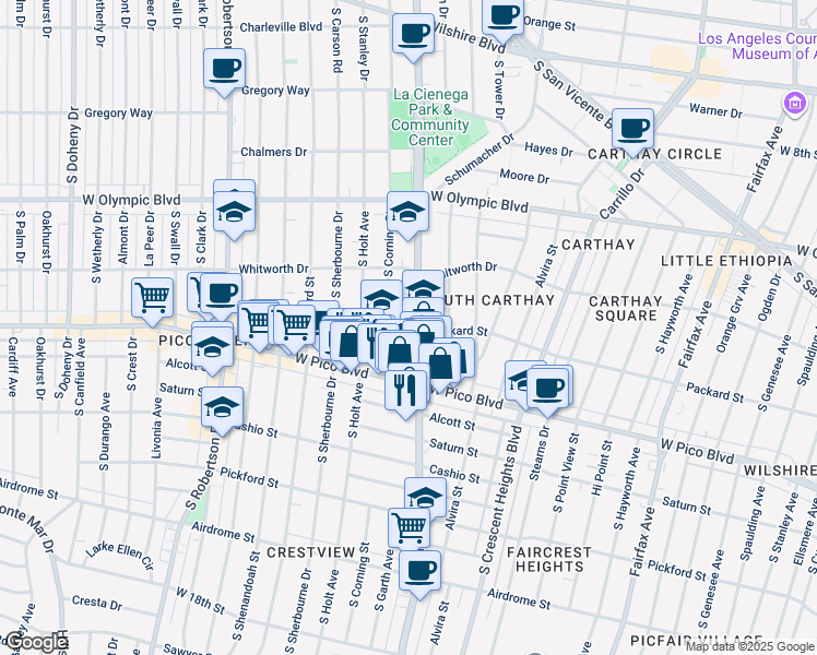 map of restaurants, bars, coffee shops, grocery stores, and more near 1215 South La Cienega Boulevard in Los Angeles