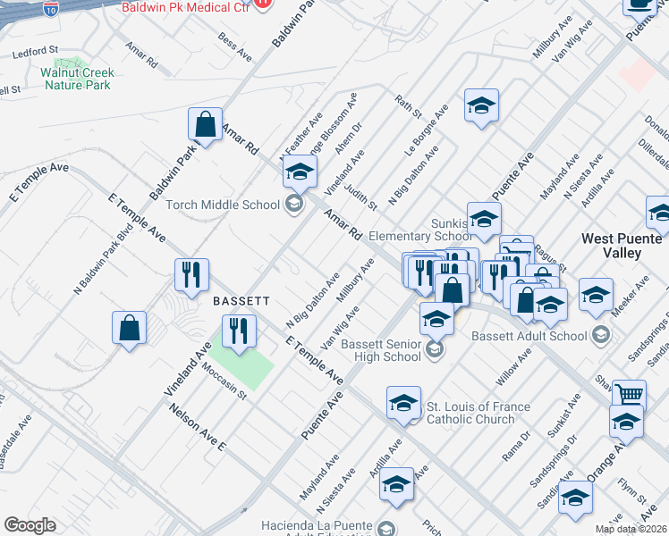 map of restaurants, bars, coffee shops, grocery stores, and more near 720 North Big Dalton Avenue in West Puente Valley