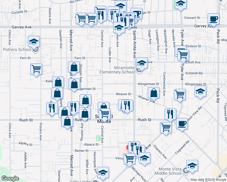 map of restaurants, bars, coffee shops, grocery stores, and more near 10342 Weaver Street in El Monte