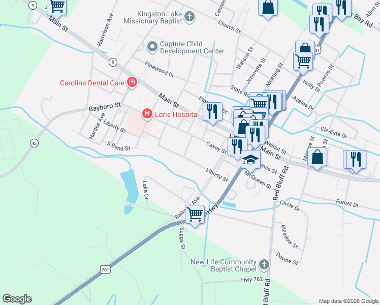 map of restaurants, bars, coffee shops, grocery stores, and more near 3828 Liberty Street in Loris