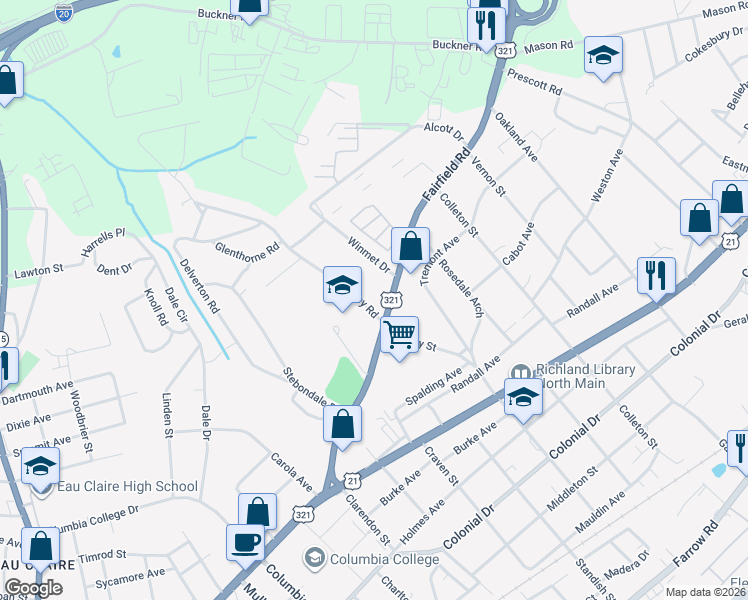 map of restaurants, bars, coffee shops, grocery stores, and more near 5127 Fairfield Road in Columbia