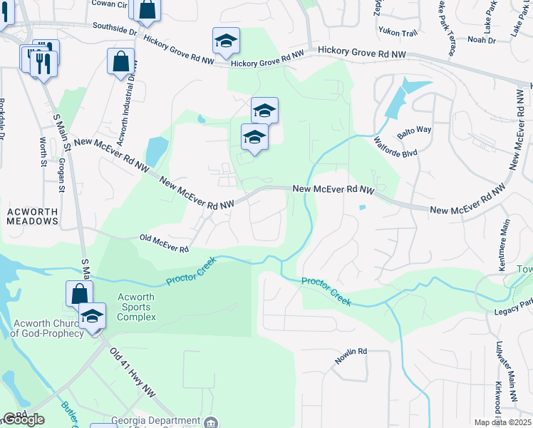 map of restaurants, bars, coffee shops, grocery stores, and more near 3918 Spearmint Lane Northwest in Acworth