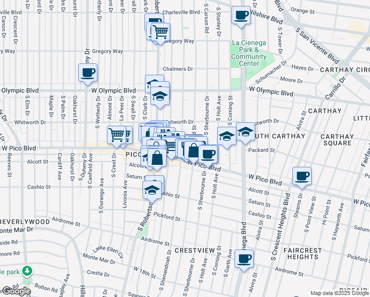 map of restaurants, bars, coffee shops, grocery stores, and more near 1210 South Shenandoah Street in Los Angeles