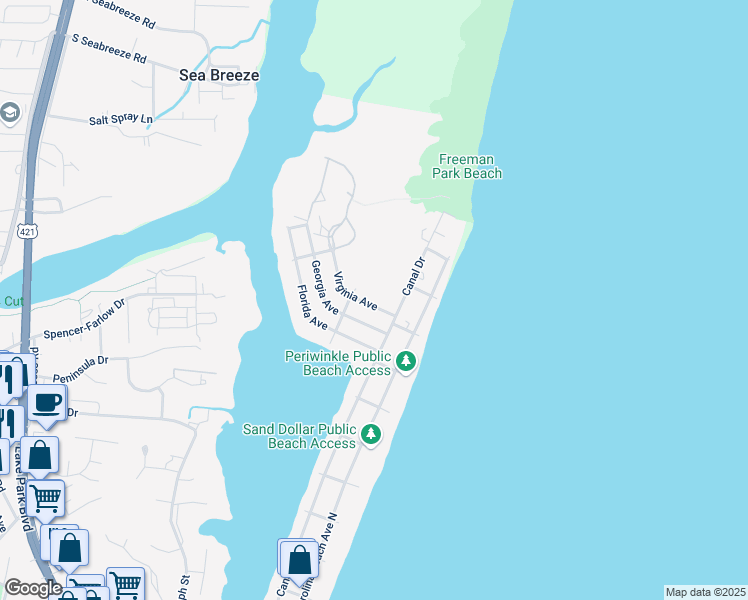 map of restaurants, bars, coffee shops, grocery stores, and more near 110 Virginia Avenue in Carolina Beach