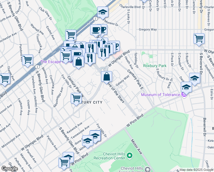 map of restaurants, bars, coffee shops, grocery stores, and more near 2121 Avenue of the Stars in Los Angeles
