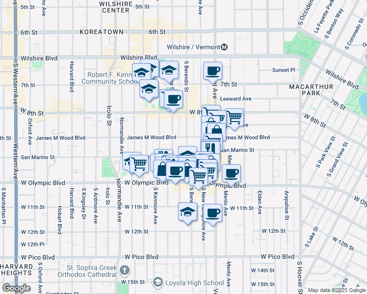 map of restaurants, bars, coffee shops, grocery stores, and more near 2992 San Marino Street in Los Angeles