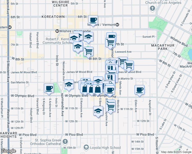 map of restaurants, bars, coffee shops, grocery stores, and more near 917 South Berendo Street in Los Angeles