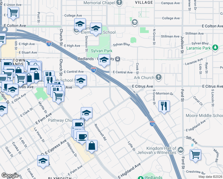 map of restaurants, bars, coffee shops, grocery stores, and more near 503 North University Street in Redlands
