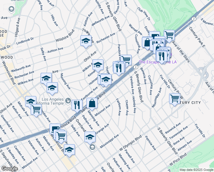 map of restaurants, bars, coffee shops, grocery stores, and more near 10540 1/2 California 2 in Los Angeles