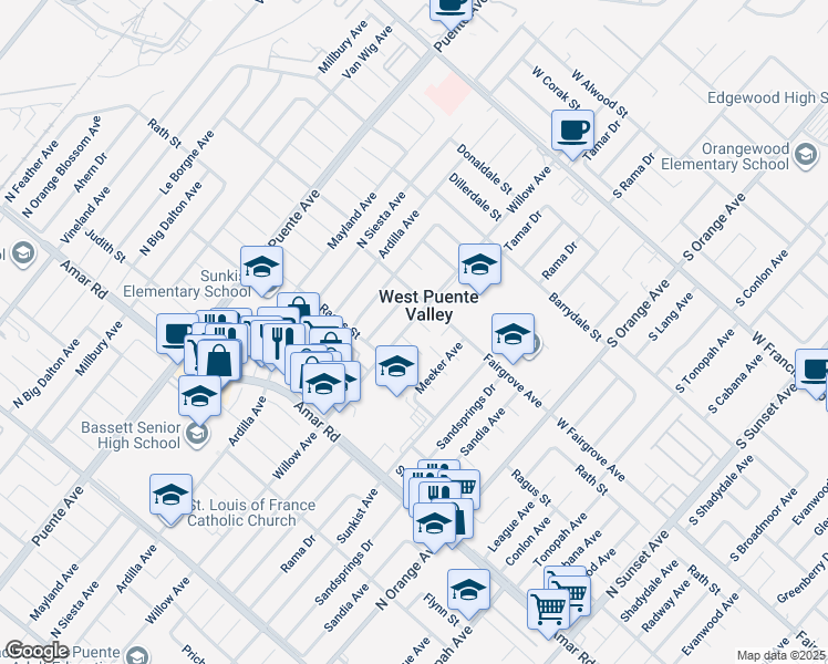 map of restaurants, bars, coffee shops, grocery stores, and more near 14130 Dancer Street in La Puente