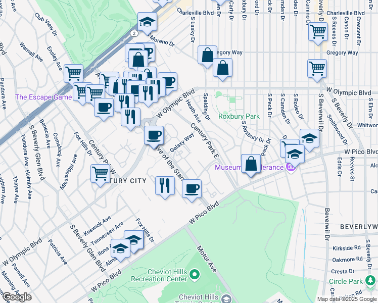 map of restaurants, bars, coffee shops, grocery stores, and more near 2163 Century Hill in Los Angeles