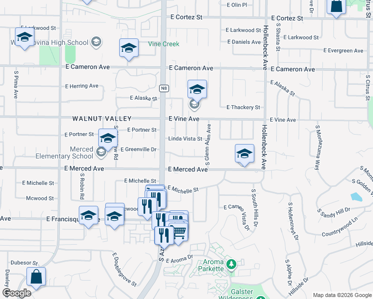 map of restaurants, bars, coffee shops, grocery stores, and more near 1124 South Cajon Avenue in West Covina