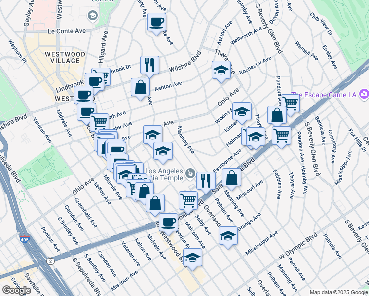 map of restaurants, bars, coffee shops, grocery stores, and more near 1585 Manning Avenue in Los Angeles