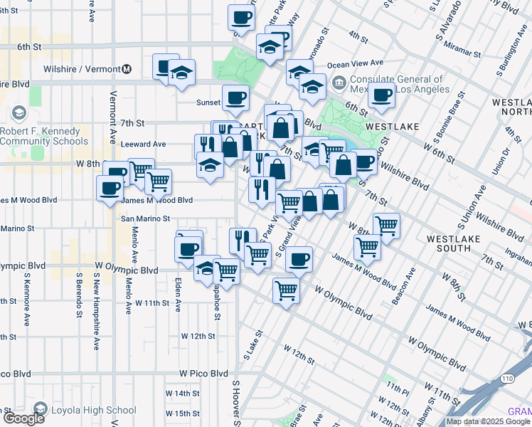 map of restaurants, bars, coffee shops, grocery stores, and more near 826 South Carondelet Street in Los Angeles