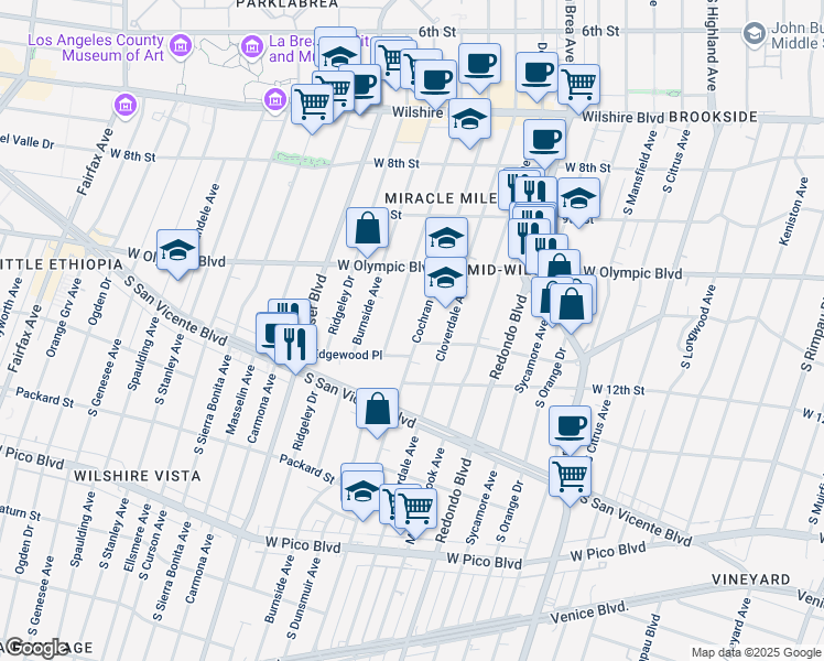 map of restaurants, bars, coffee shops, grocery stores, and more near 1045 South Cochran Avenue in Los Angeles