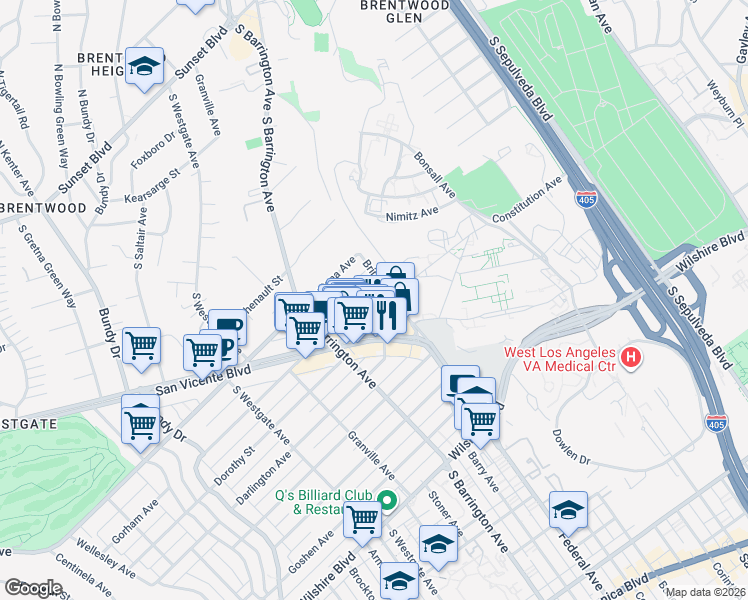 map of restaurants, bars, coffee shops, grocery stores, and more near 11601 Gorham Avenue in Los Angeles