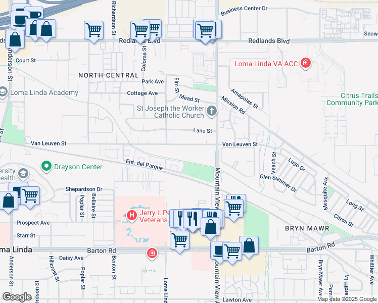 map of restaurants, bars, coffee shops, grocery stores, and more near 25585 Van Leuven Street in Loma Linda
