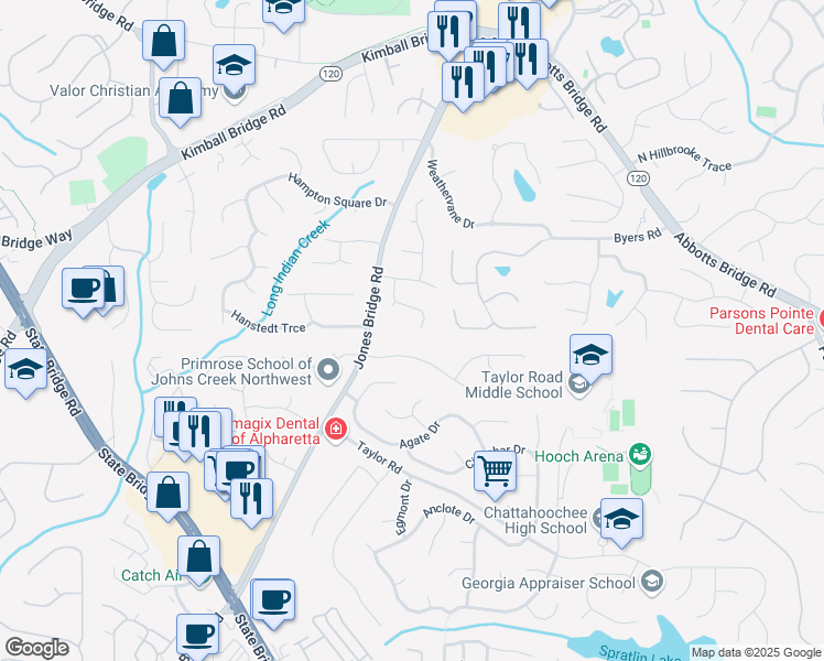 map of restaurants, bars, coffee shops, grocery stores, and more near 215 Douglas Fir Court in Alpharetta