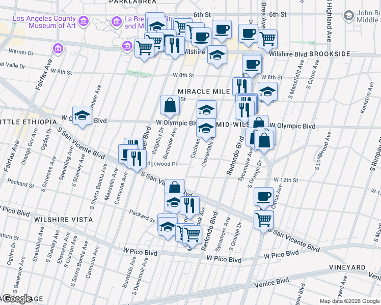 map of restaurants, bars, coffee shops, grocery stores, and more near 1045 South Cochran Avenue in Los Angeles