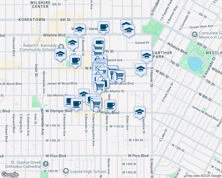 map of restaurants, bars, coffee shops, grocery stores, and more near 2821 James M Wood Boulevard in Los Angeles
