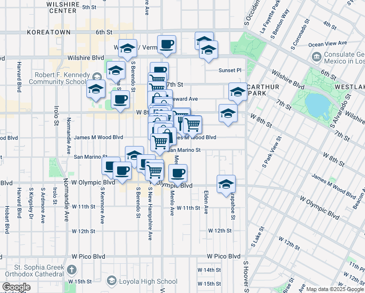 map of restaurants, bars, coffee shops, grocery stores, and more near 2821 San Marino Street in Los Angeles