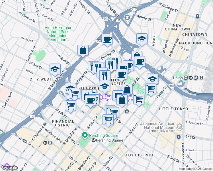 map of restaurants, bars, coffee shops, grocery stores, and more near 111 South Grand Avenue in Los Angeles