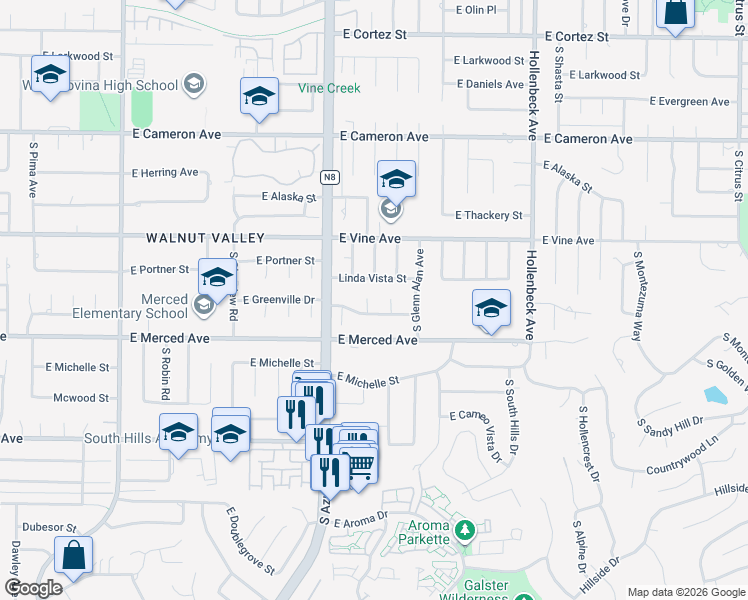 map of restaurants, bars, coffee shops, grocery stores, and more near 1124 South Cajon Avenue in West Covina