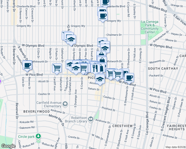 map of restaurants, bars, coffee shops, grocery stores, and more near 8881 West Pico Boulevard in Los Angeles