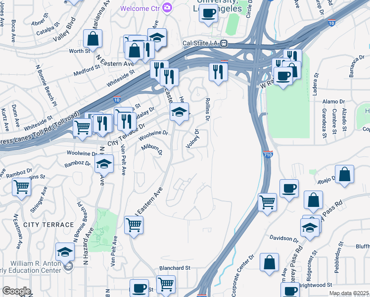 map of restaurants, bars, coffee shops, grocery stores, and more near 1365 Helen Drive in Los Angeles