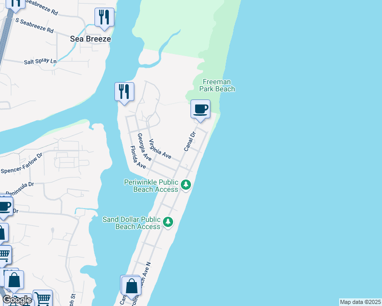 map of restaurants, bars, coffee shops, grocery stores, and more near 101 Sea Oats Lane in Carolina Beach